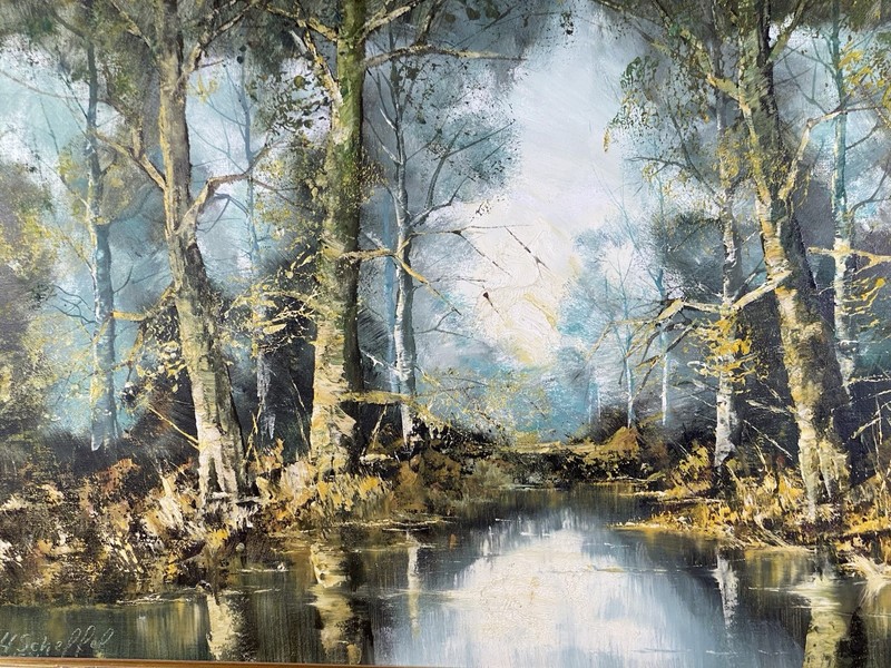 Signed Hans Heimo Scheffel "Calm Forrest" Large Vintage Oil On Canvas Painting gallery
