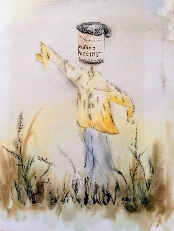 Annette Bell Watercolor *Rare* Folgers Coffee Scarecrow 1970s
