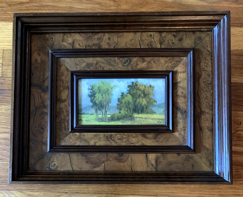 Impressionist Oil on Board AUTUMN LANDSCAPE w/ Burled Walnut Frame Signed Mario