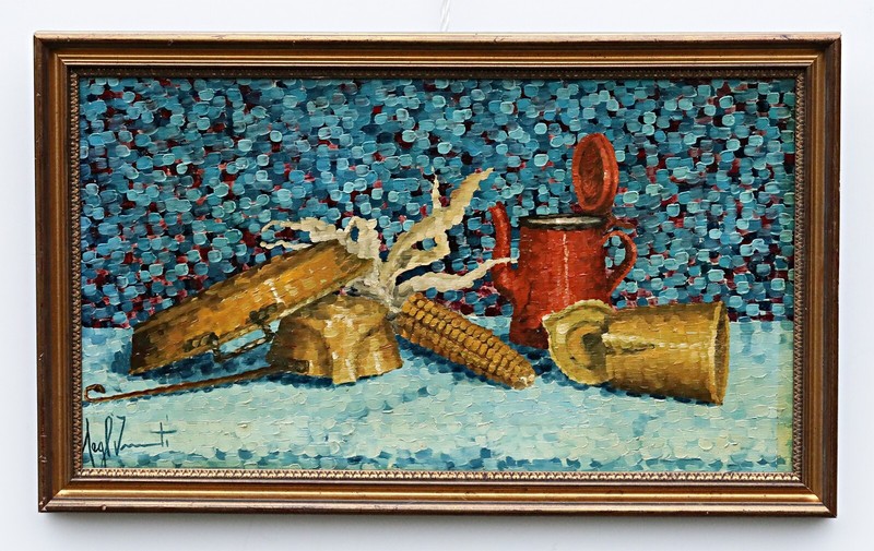 Oil on Canvas Board Painting, Signed Still Life with Corn & Vessels, Framed
