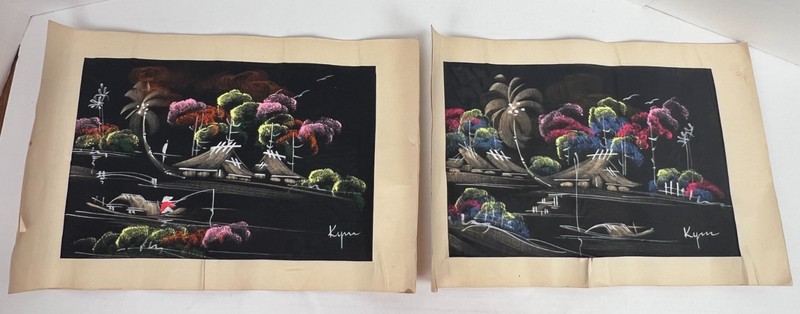 Vtg 1960s Signed Hand Painted Silk Vietnamese Cultural Fishing Village Vietnam