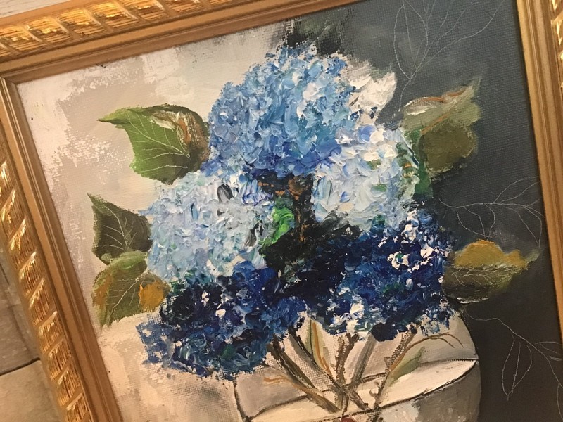 FRAMED Original Hydrangea Glass Vase Oil PAINTING Shabby Cottage Wall ART 8x10 gallery