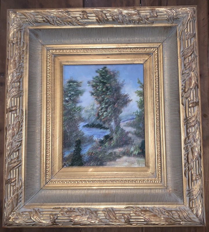 VTG Signed Michael Gregory Summer Landscape Trees Lake Canvas Frame 19”T 17”W