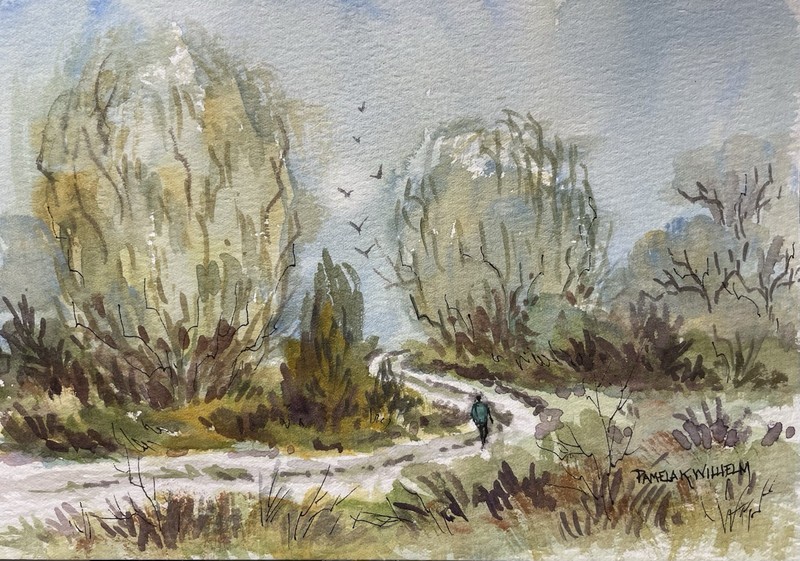5×7 Pamela Wilhelm Original Watercolor Walking Over The Hill Birds Trees Trail