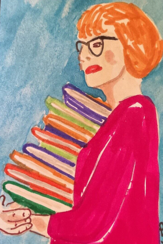 ACEO watercolor art by PJ, art card 2.5 x 3.5: lady and books