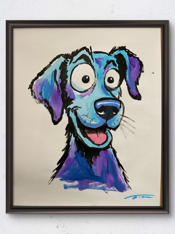 Turquoise Purple Graffiti Dog Abstract Acrylic Original Art 14x11 Paper