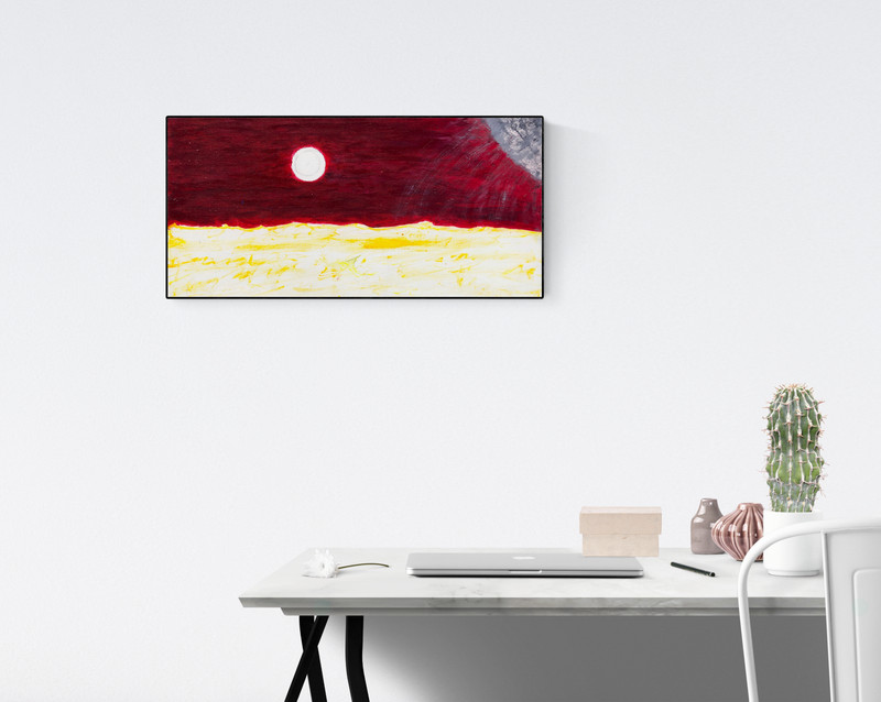 ALONE… Minimal Red Sky Yellow & Grey Ocean Waves Painting – Steven Tannenbaum