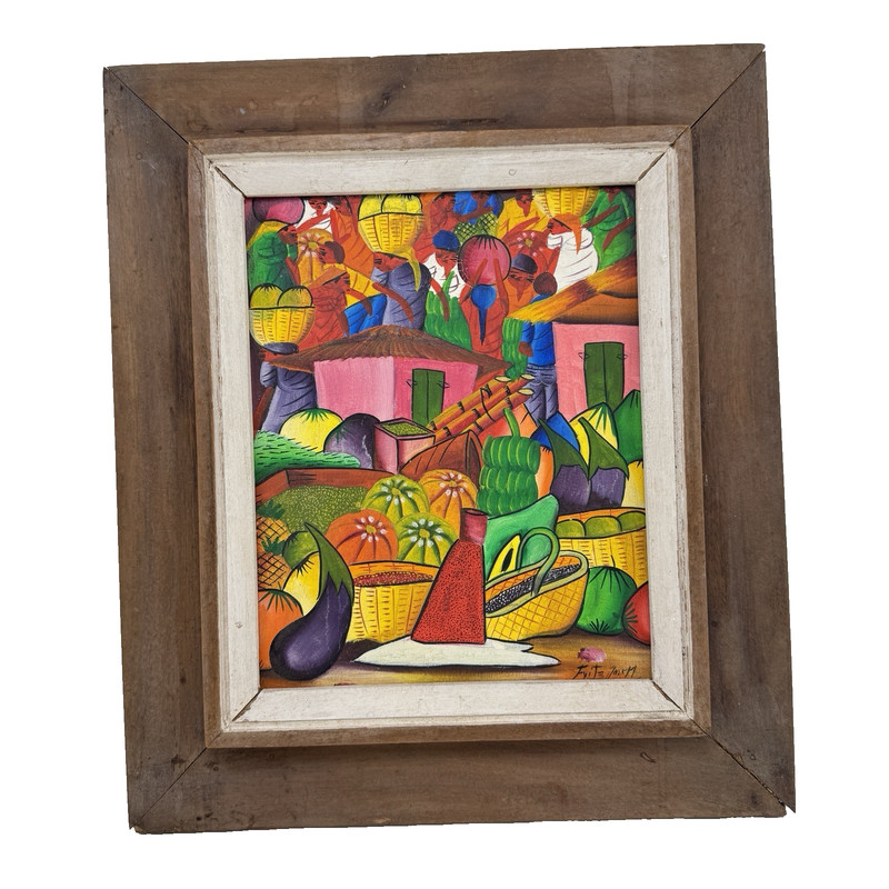 Original Haitian PRIMITIF ART Painting Market Scene Signed JOSEPH FRITZ Stunning