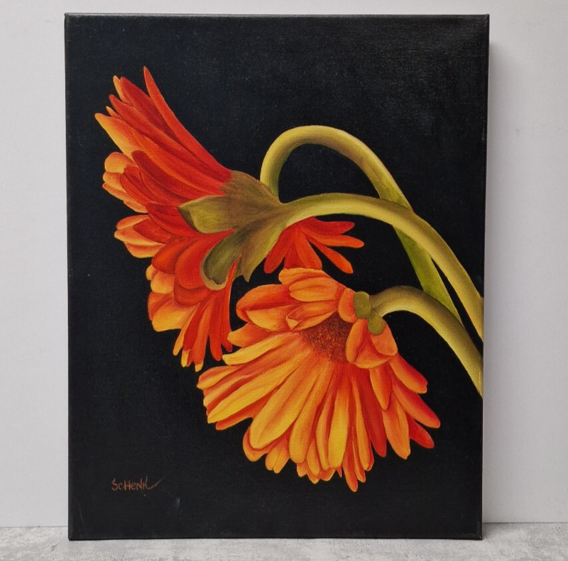 Realistic Flower Oil Painting Two Gerberas Daisy Hyperrealistic Floral Wall Art