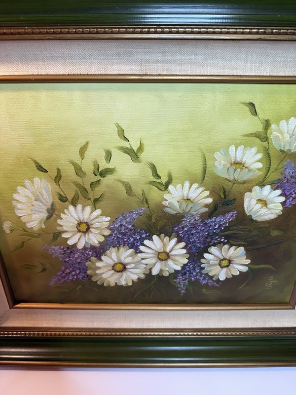 Original Floral Oil Painting Daisies Lilacs Signed Canvas Framed 24x19 gallery