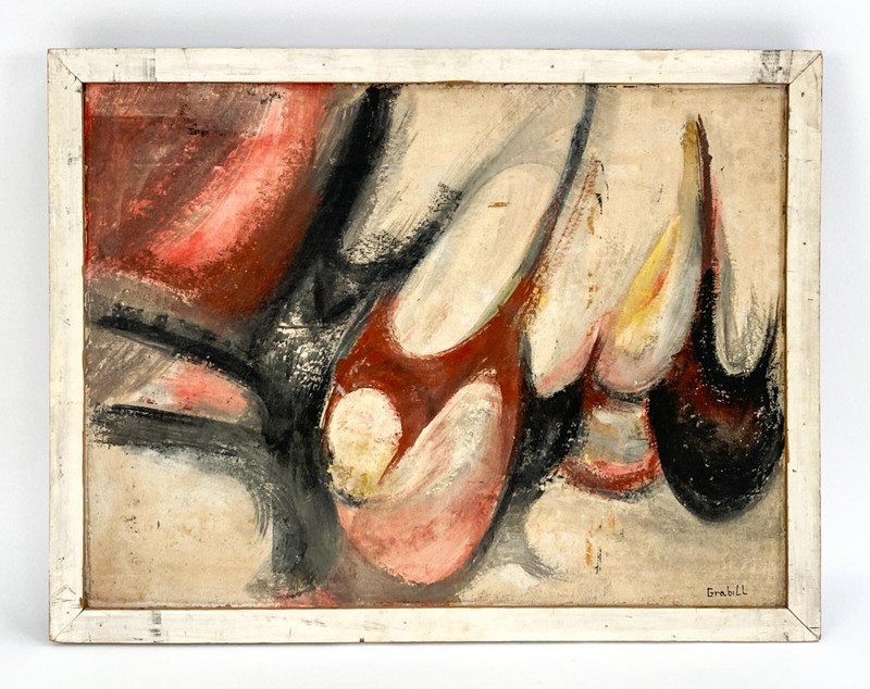30″ GRABILL Abstract Expressionist Painting midcentury mcm neutral maroon cream
