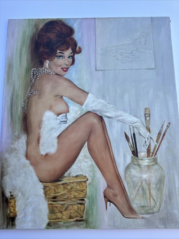 LARGE PAINTING SIGNED JOHNSON PRETTY WOMAN FEMALE MODEL ARTIST STUDIO PINUP OIL gallery