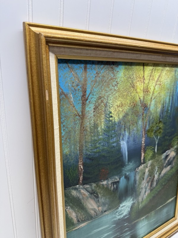 Vtg Wood Landscape Oil Painting Nature Scene Evergreen Signed "J. M'Conaghis". gallery