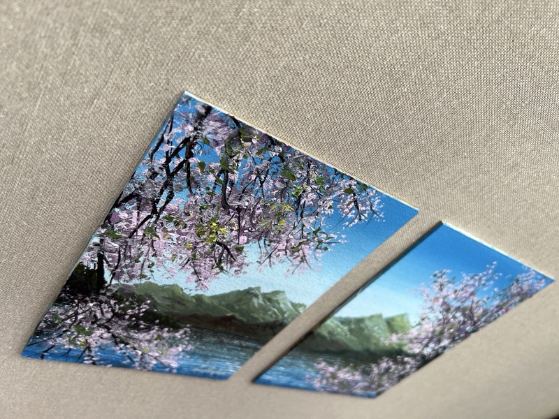 Original Textured Oil Painting Diptych, Spring Cherry Blossom Mountains & Lake gallery