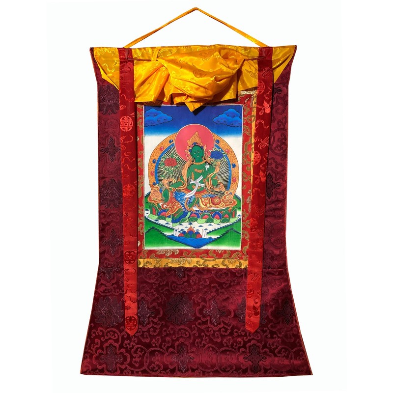 Silk Brocade Mounted Green Tara Thangka Painting