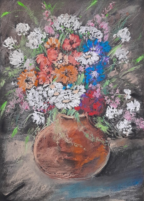 Original Still Life Flower Bouquet Impressionism Dry Pastel Painting 8.3×11.4 in