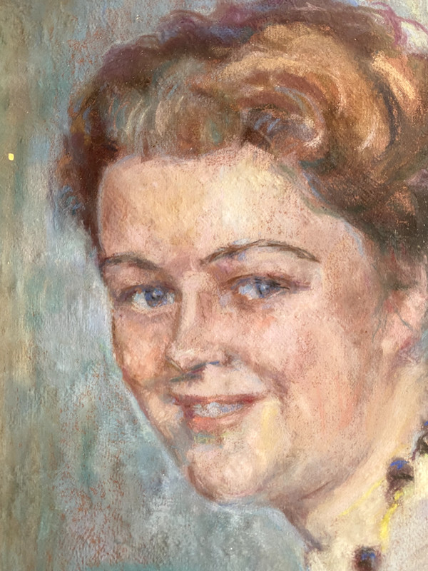 Pastel Portrait Unreadable Signed 1959 Portrait Young Woman Lady Antique gallery