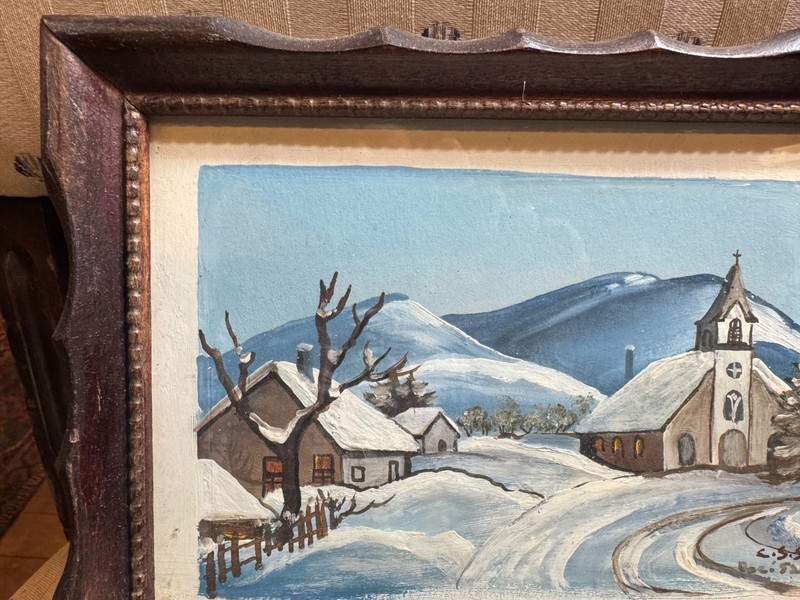 C.S.S. Signed Dec 1952 Gouache Watercolor Winter Church Landscape Framed 9.5x7.5 gallery