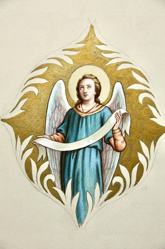 Angel with ribbon against gold background in ornamental cartridge, gouache, 19th century gallery