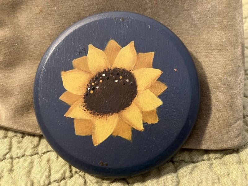 Handpainted sunflower on small COUNTRY BLUE cirular mirror SO CUTE