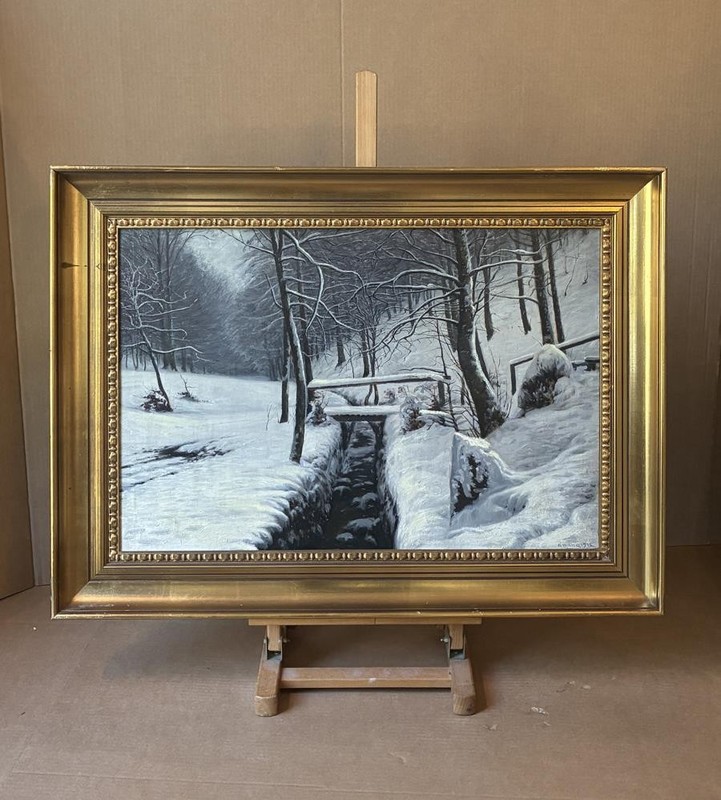 Albert Wang (Danish, 1864) Fine Forest Oil. Freshly Fallen Snow. Dated 1912.COA gallery