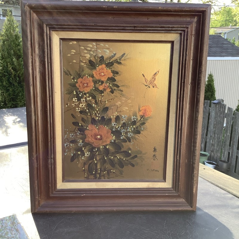 C. Jim Signed Floral Still Life Painting w/ Butterfly Framed Canvas Size 16×18