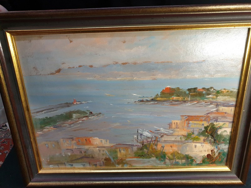 S… Signed Painting Oil Painting With Frame Sea City Harbour Landscape