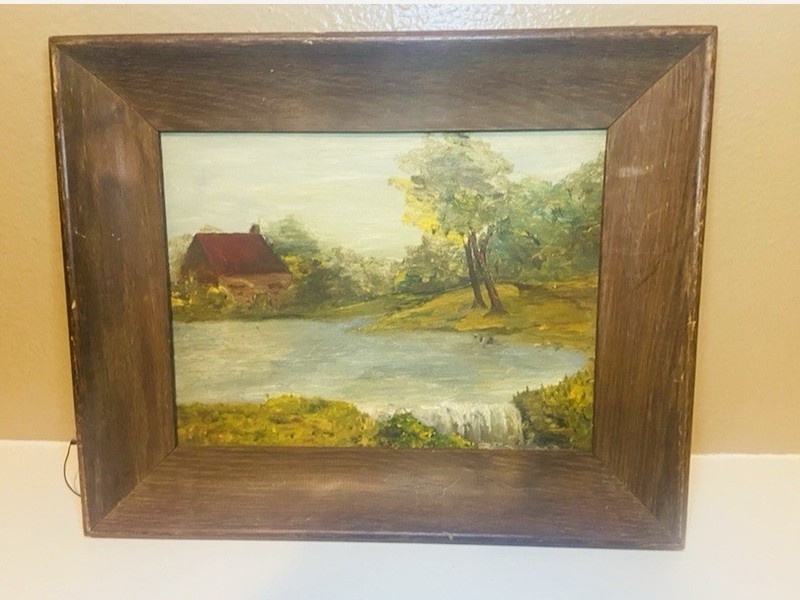 Original Framed Oil Painting Cabin on a Lake Signed Rustic Lodge Country