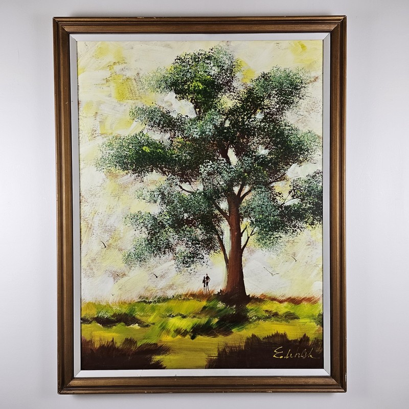 ART - Large Vintage Original Signed E Walsh Painting 44x34 Framed Tree Landscape