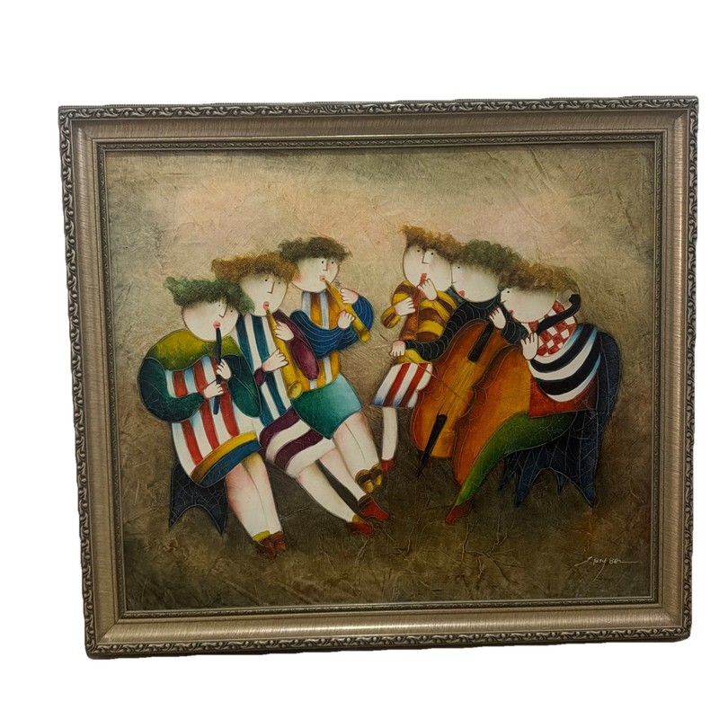 VTG 80’S SIGNED FRAMED J. ROYBAL ABSTRACT MODERN CHILDRENS MUSICAL OIL PAINTING