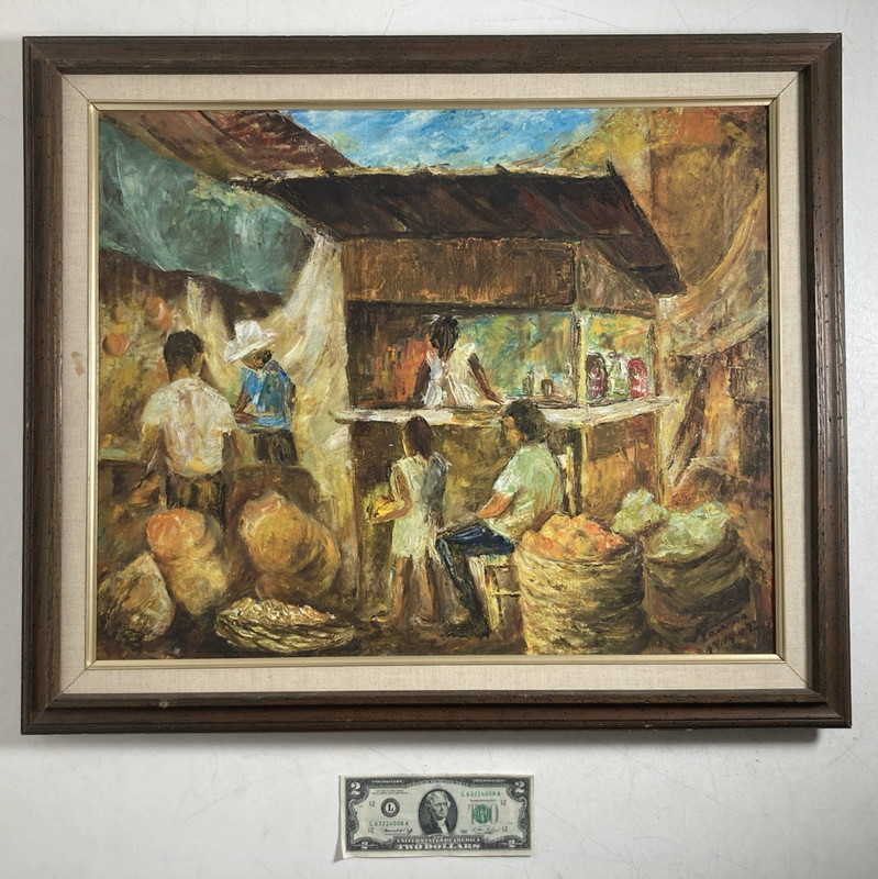 Vintage Original Oil Painting Impressionist Outdoor Market People Signed 1972 gallery