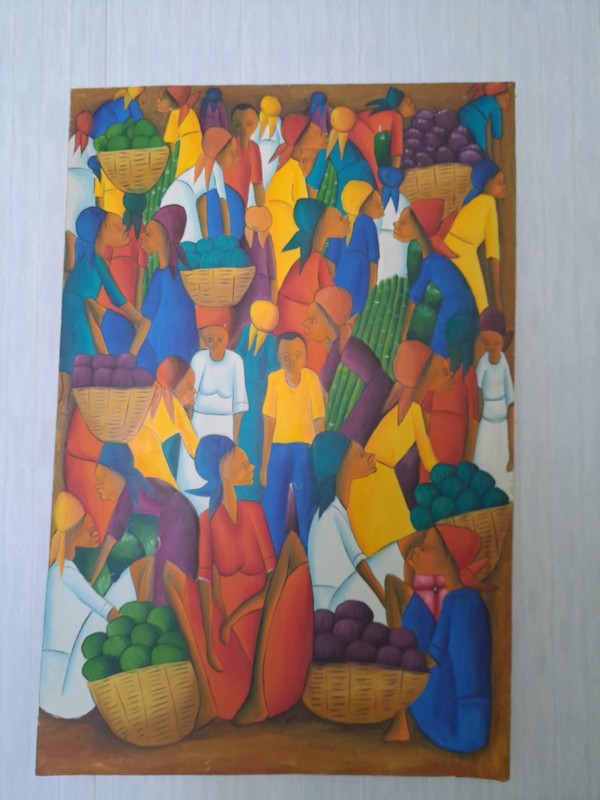 J. PIERRE HAITIAN ARTIST ACRYLIC PAINTING HAIYIAN MARKET SCENE 36″ X 34″ Signed!