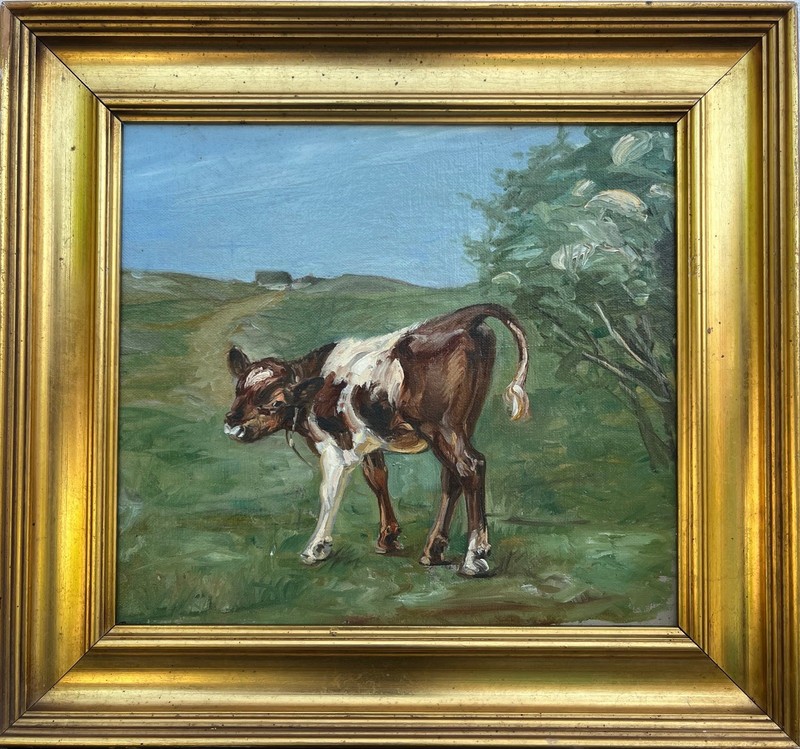 Unknown Animal Painter Calf on a Summer Willow Oil Painting 40x37cm