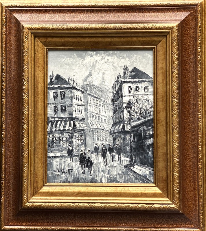 Textured Impression. Black & White O/B «Parisian Street Scene», Signed Burnett!
