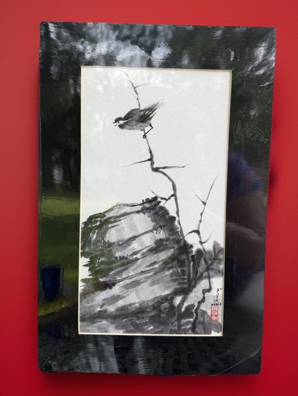 Original Sumi Ink Watercolor Painting Bird Rock Artist Seal W Signature