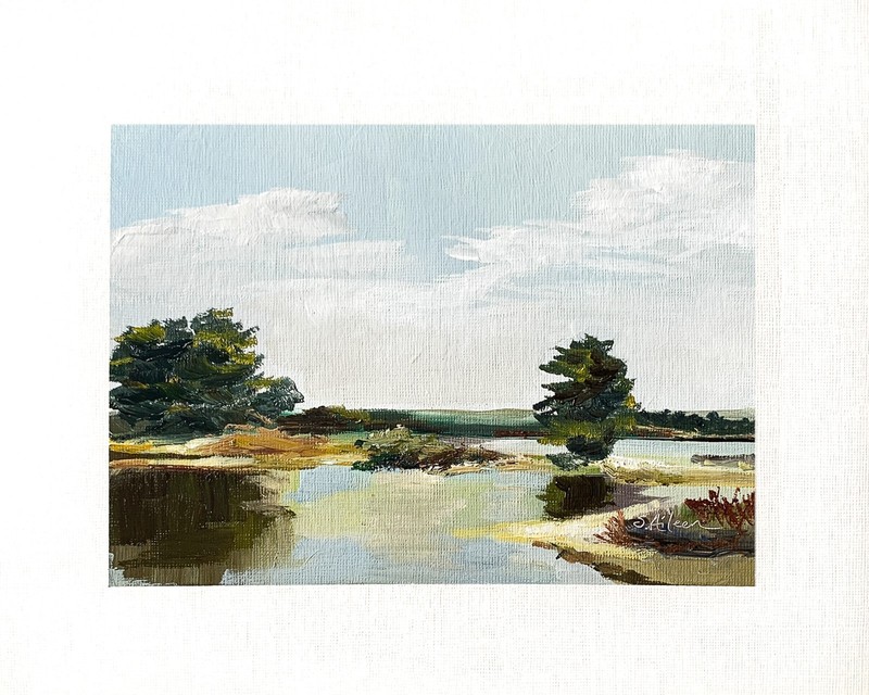 8×10 Original Landscape Oil Painting Coastal Inlet Trees Under Blue Sky Signed