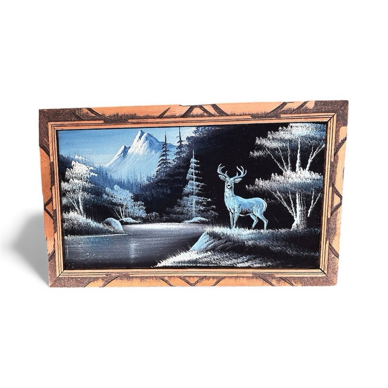 VTG MCM BLACK VELVET PAINTING Deer in a Landscape Carved Wood Frame MEXICO