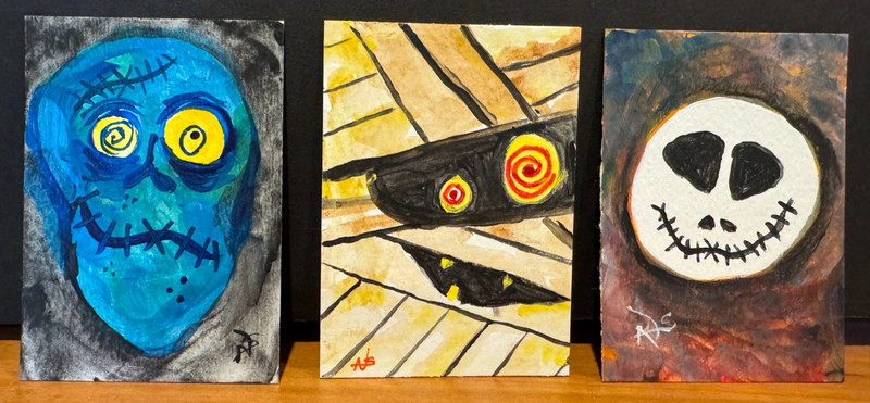 3 LOT – ACEO Halloween Art Cards Monsters ORIGINAL AVS Acrylic 2.5 x 3.5 in OOAK