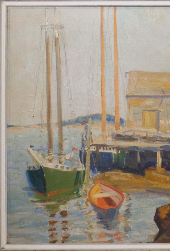 CECIL HALL, MAINE ROCKPORT SCHOOL HARBOR SCENE SGND O/B W/INCRIPTION, ORIG FRAME gallery