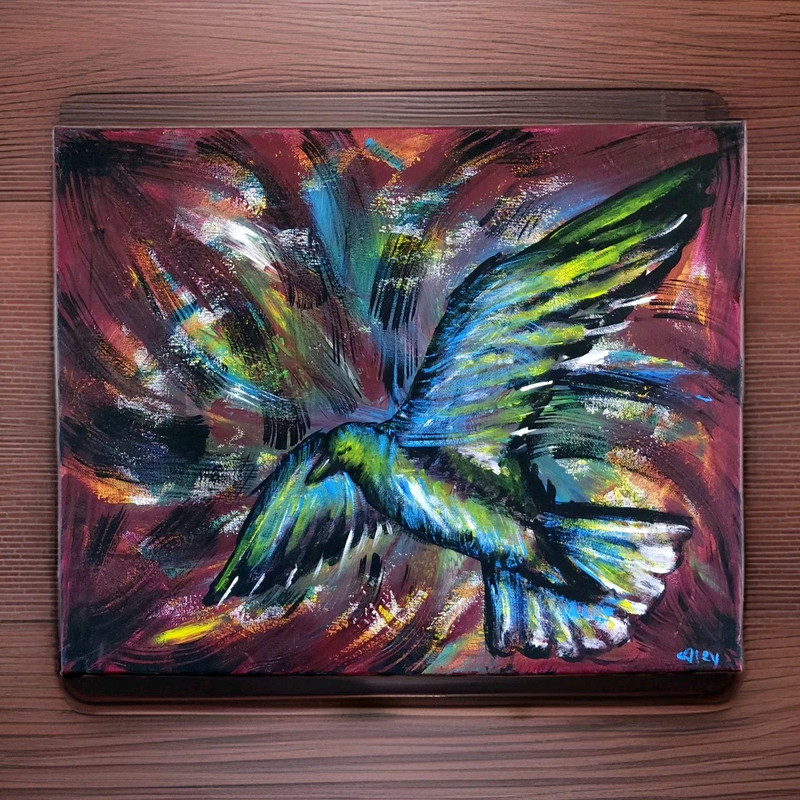 Abstract Bird Painting Expressive Wings in Flight Acrylic on Canvas Blue Green