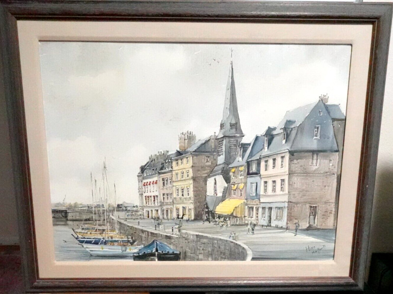 HIRO «HONFLEUR FRANCE» LARGE ORIGINAL OIL ON CANVAS SEASCAPE PAINTING 1979