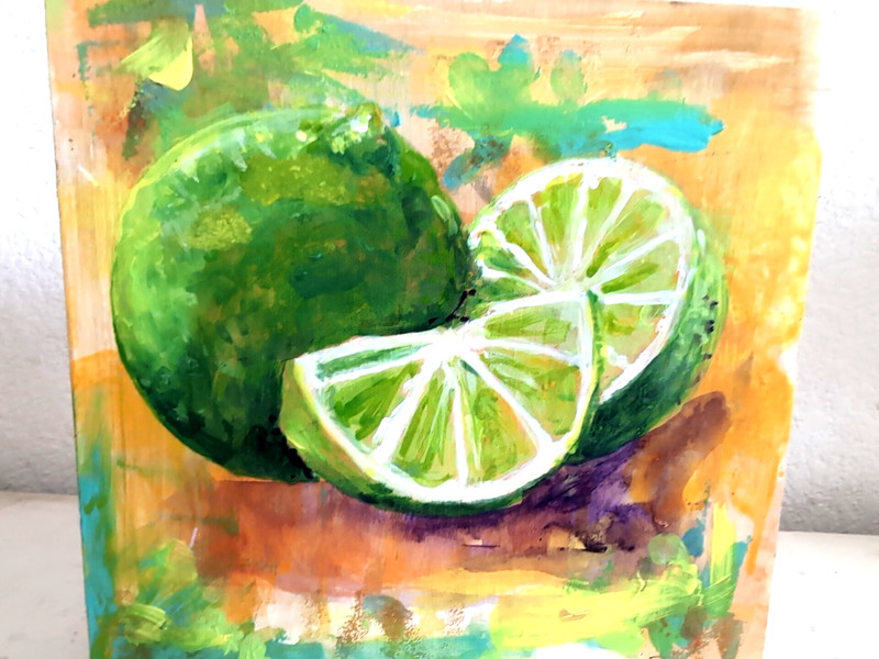 Lime Acrylic Painting on Wood Board Signed Tropical Limes Colorful Vibrant