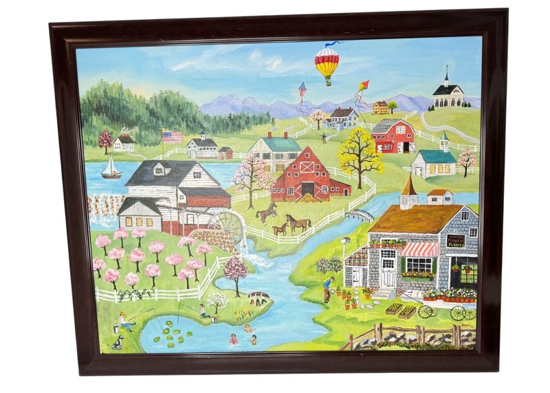 Bowers Signed Folk Art Primitive Americana Farm Painting