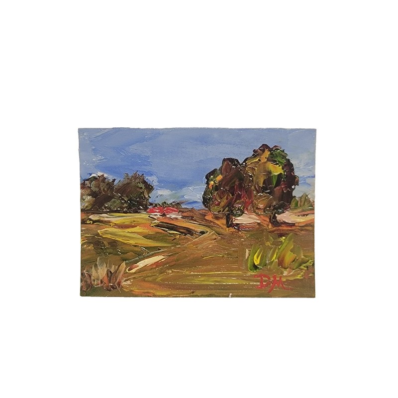 ACEO Summer Landscape Trees Houses on horizon Original Oil Painting 2.5 x 3.5