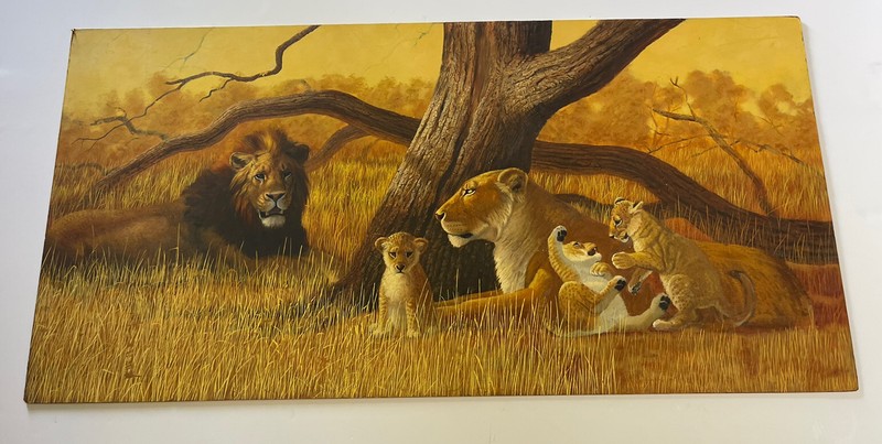 Russell Johnson Painting Illustration Quality Wildlife Lion Landscape Large 48” gallery