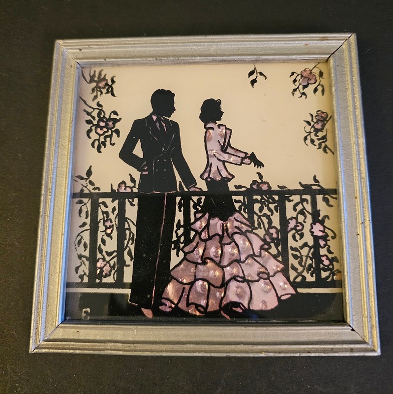 ANTIQUE 1939 & 1940 REVERSE SILHOUETTE PAINTING FRAMED STUNNING!!! gallery