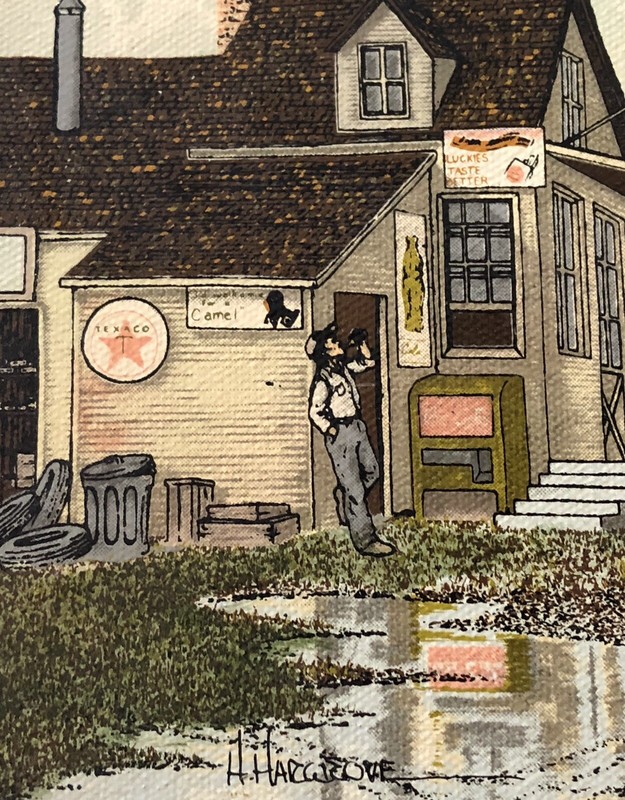 VINTAGE H. HARGROVE PRINT OIL PAINTING OLD COUNTRY ROAD TEXACO GAS STATION STORE gallery