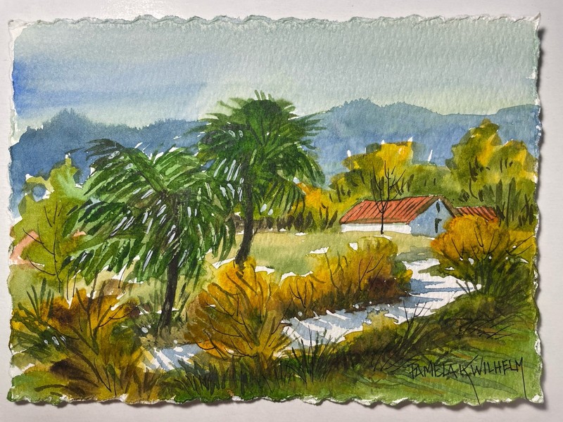 Pamela Wilhelm original Watercolor Rural Tropical House Palms Road 5”x7”