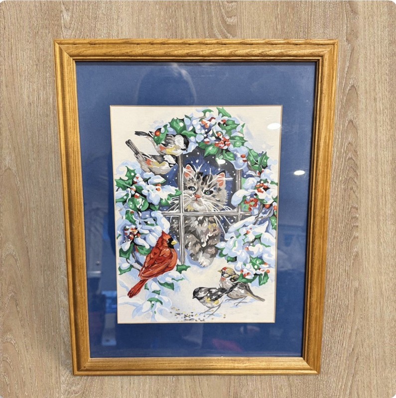 Vintage 1980s 1990s Hand Painted Winter Kitten Cardinal Framed Art 13×17”