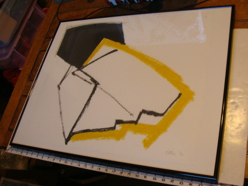Signed and Framed ABSTRACT painting, ’90 black and yellow abstract box